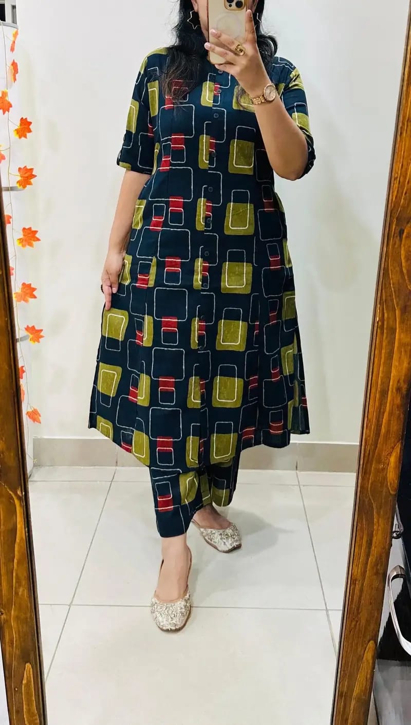 Premium green Floral Fine Cotton Kurti Palazzo Co-ord Set ✨