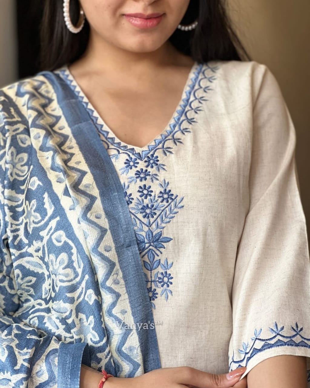 Off-White Cotton Kurta Set with Indigo Block Printed Dupatta