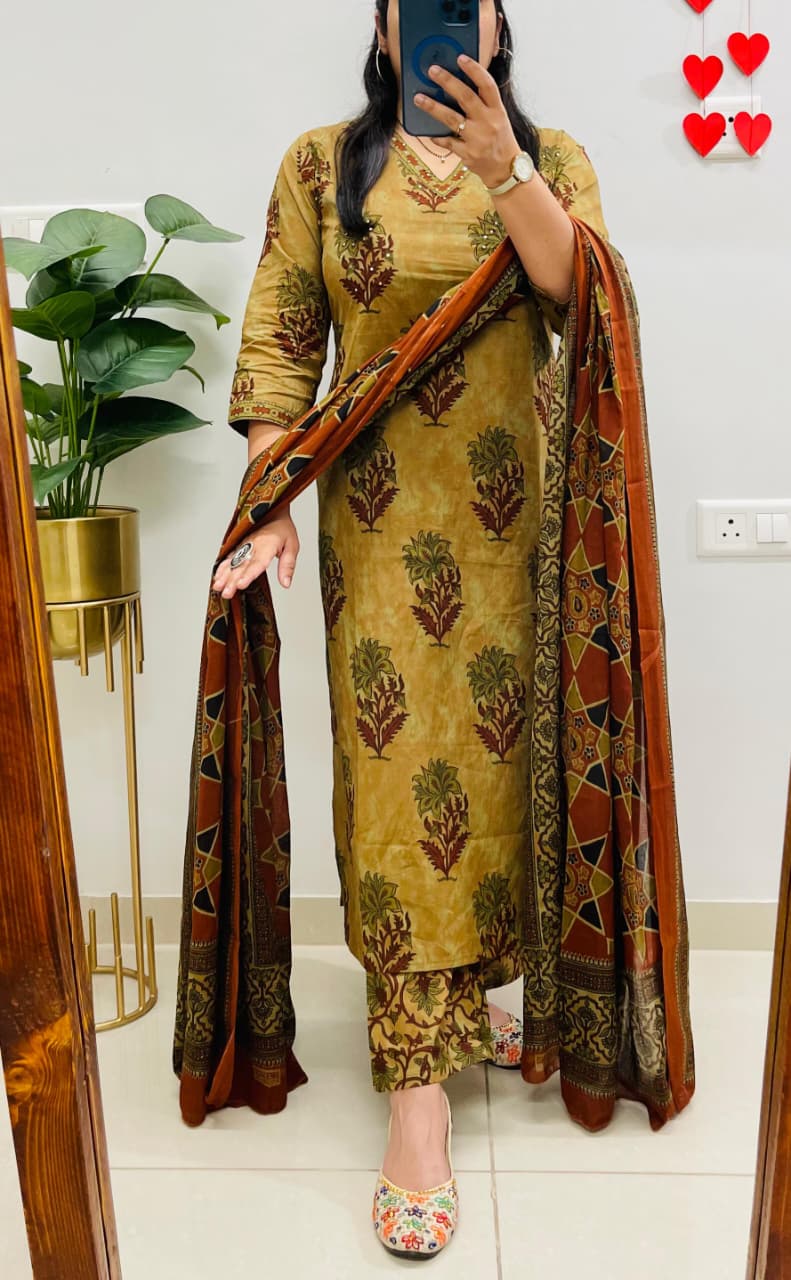 Women’s Mustard Yellow Floral Printed Cotton Blend Kurta Pant Dupatta Set | Ethnic Wear
