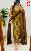 Women’s Mustard Yellow Floral Printed Cotton Blend Kurta Pant Dupatta Set | Ethnic Wear