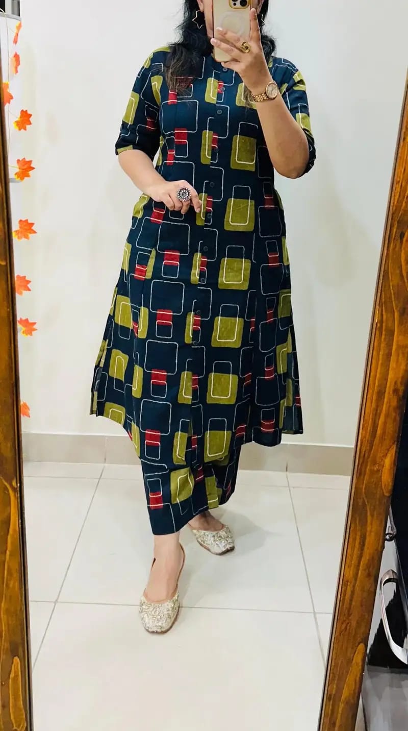 Premium green Floral Fine Cotton Kurti Palazzo Co-ord Set ✨
