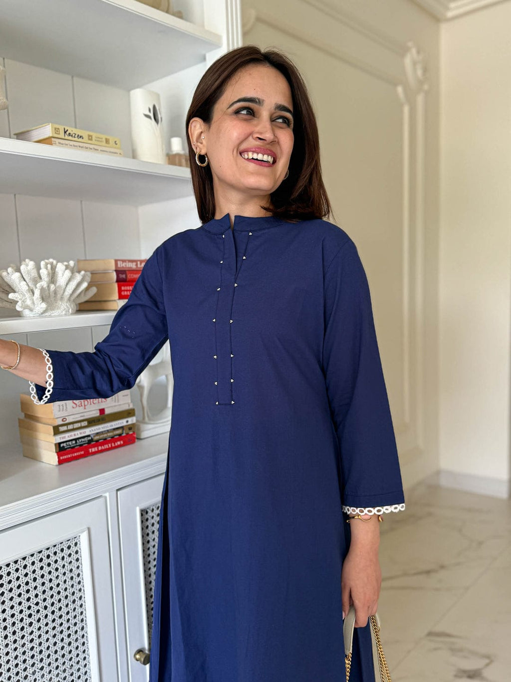 Women’s Navy Blue Straight Cotton Kurta Palazzo Set | Elegant Ethnic Wear