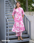 Pink & White Floral Print Cotton Kurti