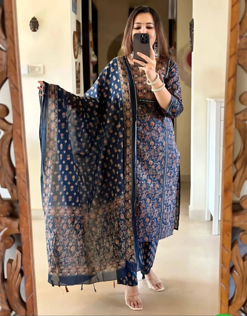 Pure Cotton Ajrakh Printed Kurti Pant Dupatta Set 💙