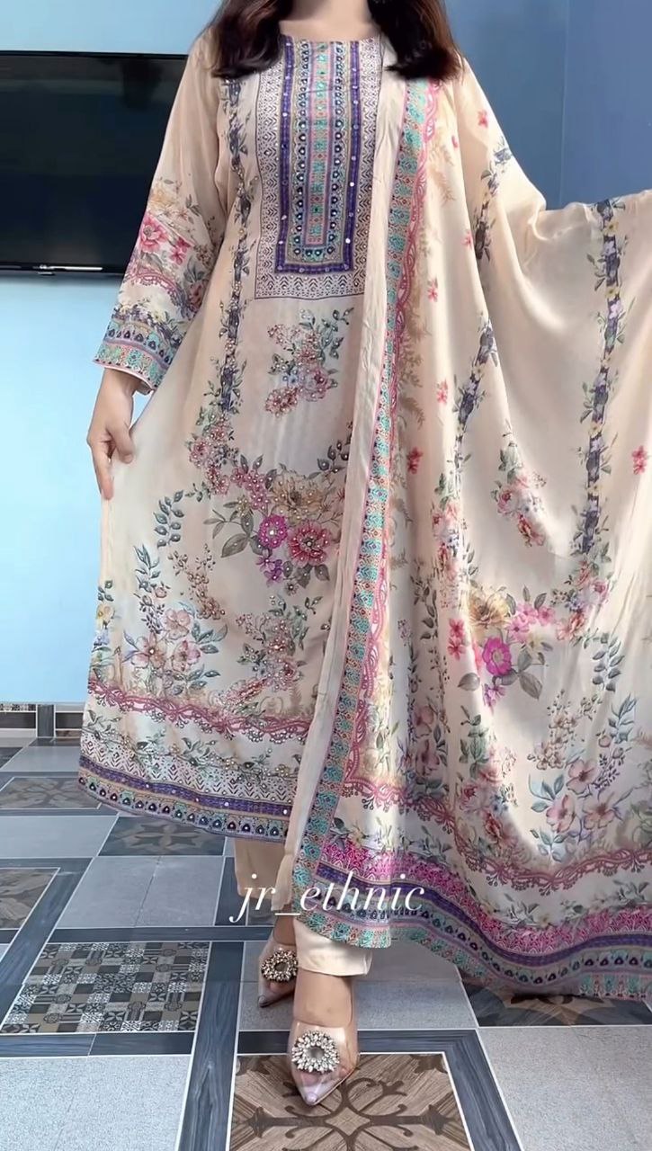 Women's Premium Lilac Silk Blend Digitally Printed Suit Set | Handcrafted Mirror & Embroidery Work Kurti, Pant, and Dupatta 3-Piece Festive Set with Cotton Lining