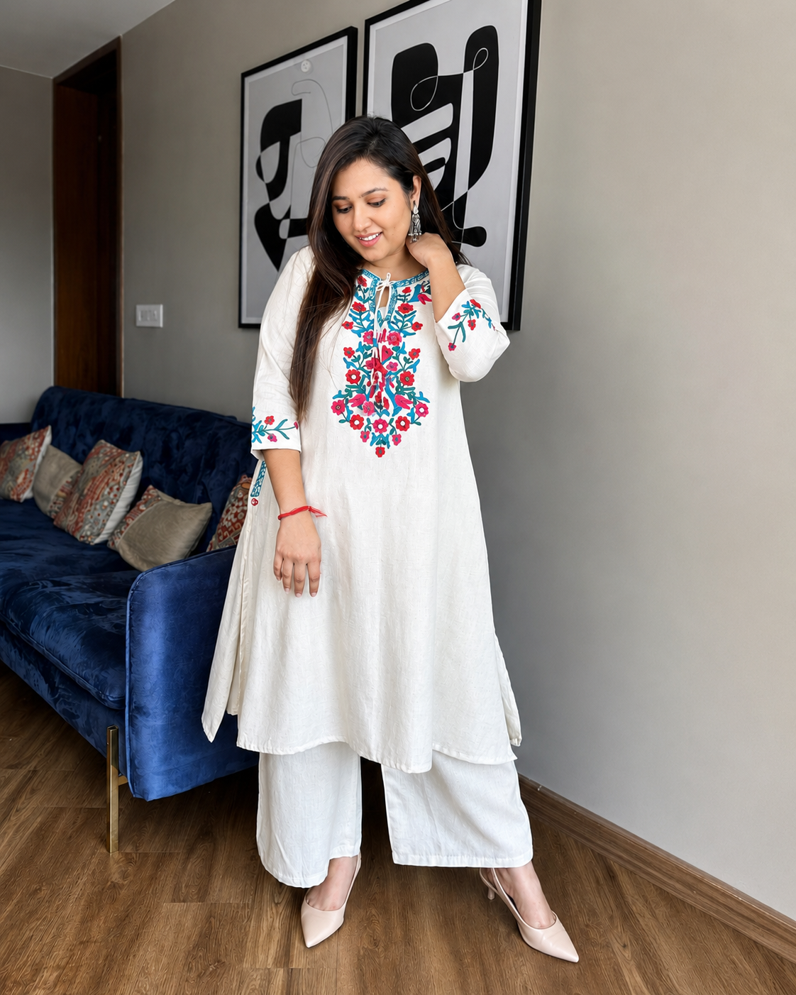 Elegant Off White Floral Embroidered Co-ord Set