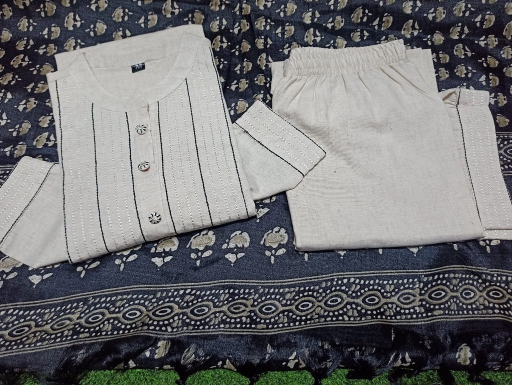 Handloom Khadi Kantha Kurta Set 🖤