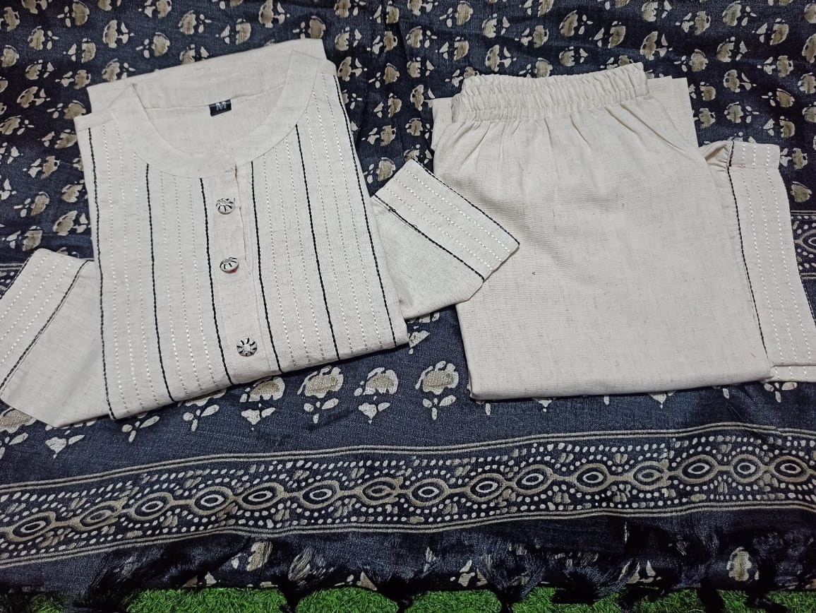 Handloom Khadi Kantha Kurta Set 🖤