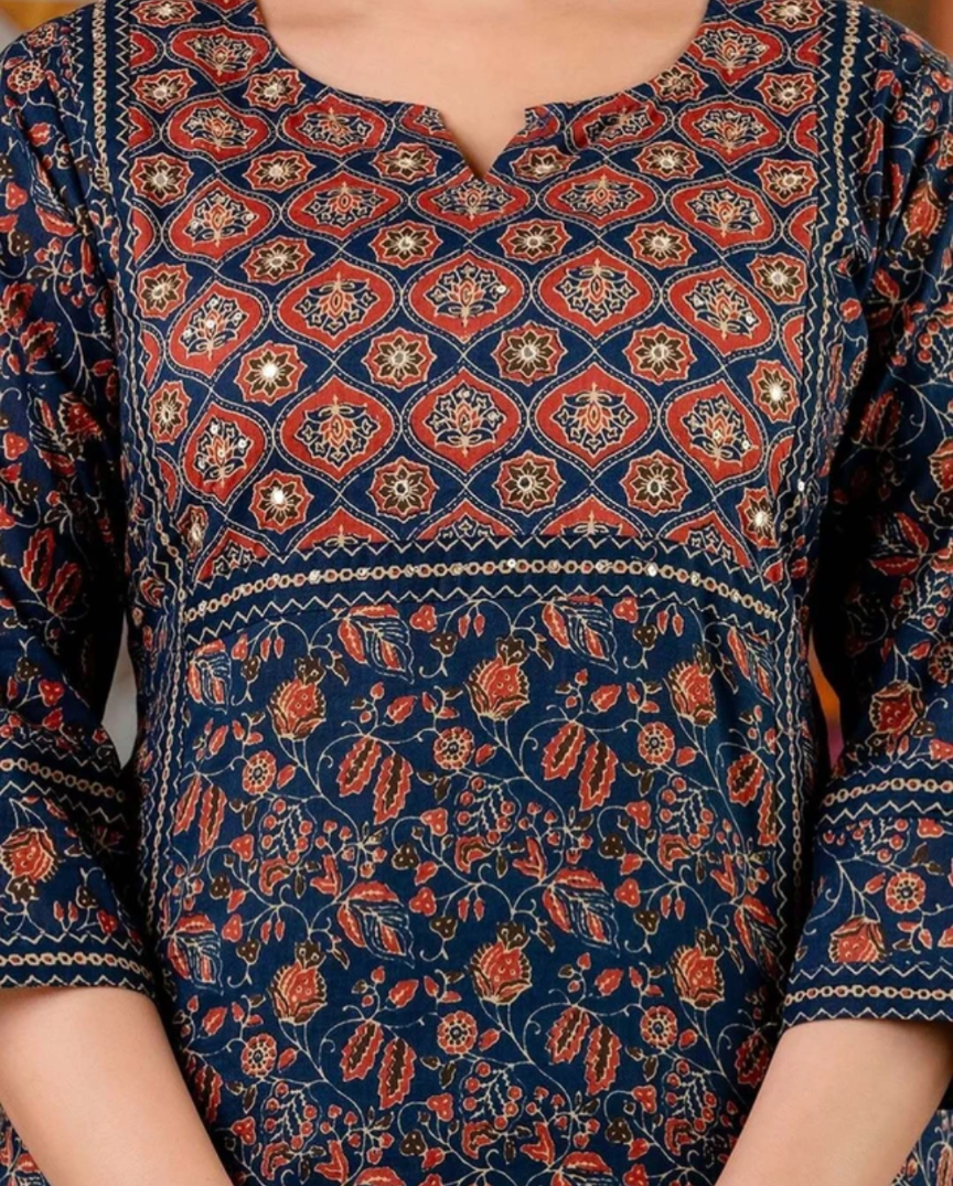 Pure Cotton Ajrakh Printed Kurti Pant Dupatta Set 💙