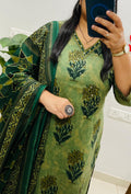 Women’s Mehendi Green Floral Printed Cotton Blend Kurta Dupatta Set | Ethnic Wear