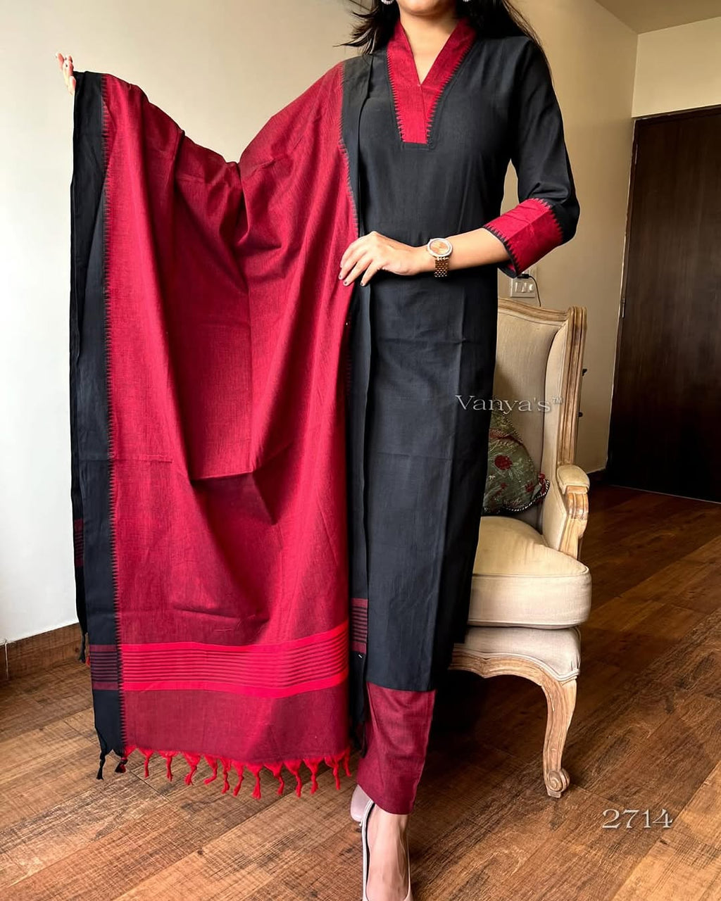 Premium Red and Black 🖤 South Cotton Handloom Kurti Set 🌸