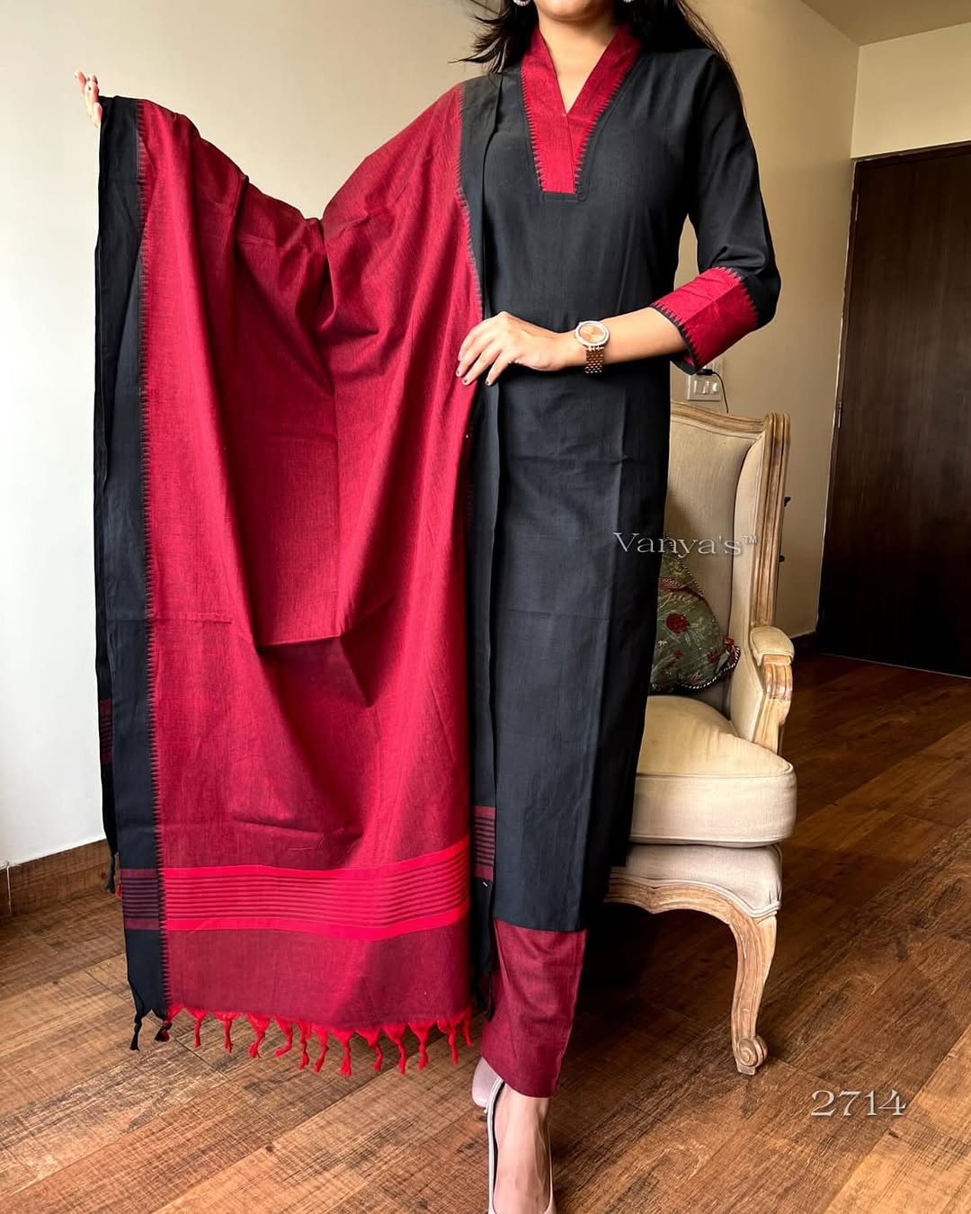Premium Red and Black 🖤 South Cotton Handloom Kurti Set 🌸