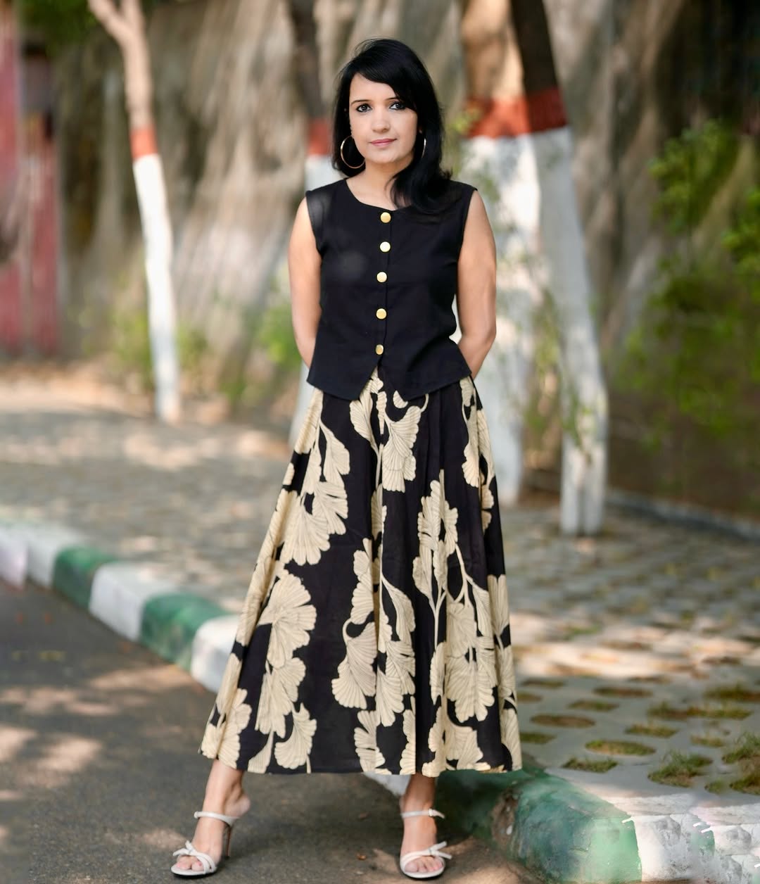 Black Women's Premium Cotton Sleeveless Top and Skirt Set | Floral Block Printed 2-Piece Co-Ord Dress