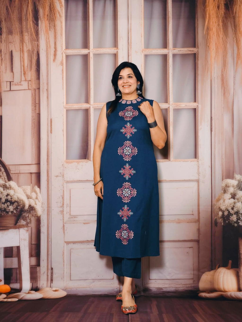 Elegant Blue Embroidered Cotton Slub Co-ord Set