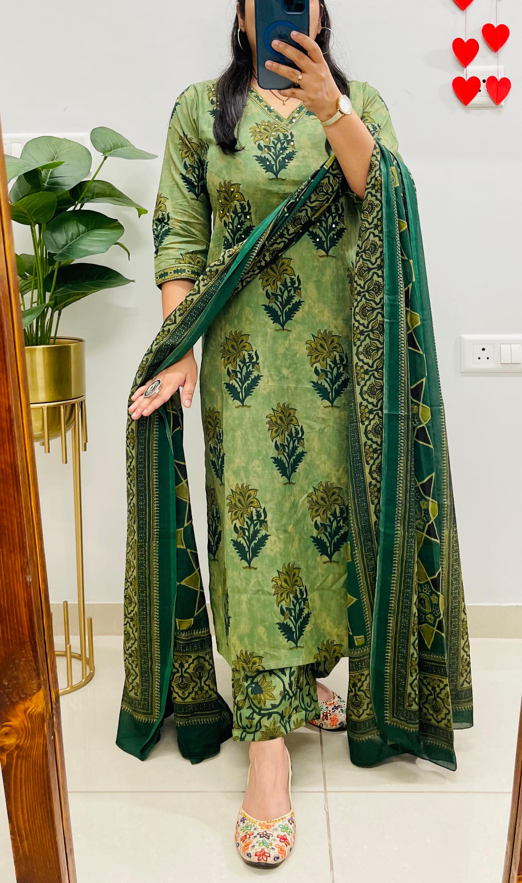 Women’s Mehendi Green Floral Printed Cotton Blend Kurta Dupatta Set | Ethnic Wear
