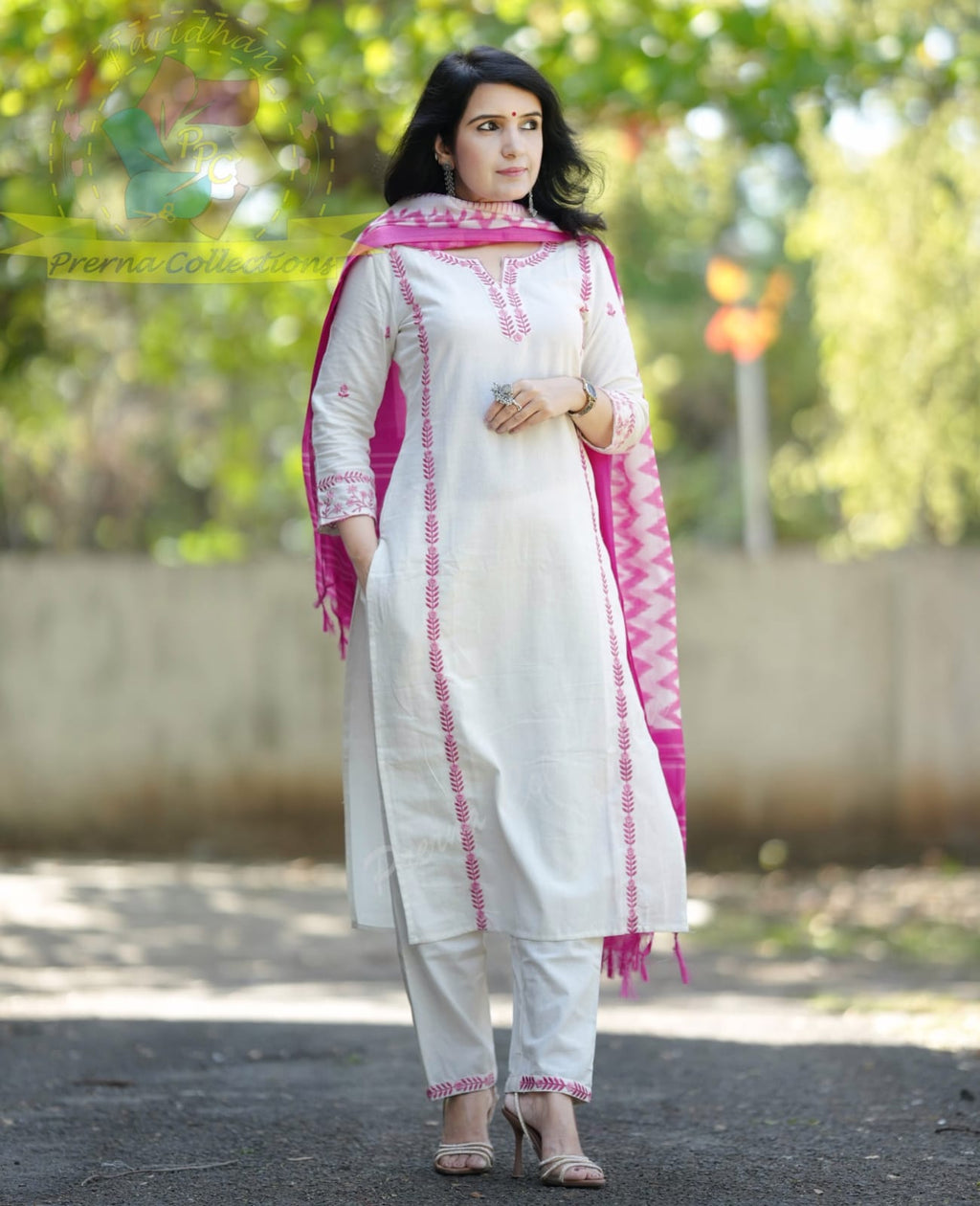 Elegant White Embroidered Kurta Pant Set with Pink Dupatta for Women | Premium Ethnic Wear Collection