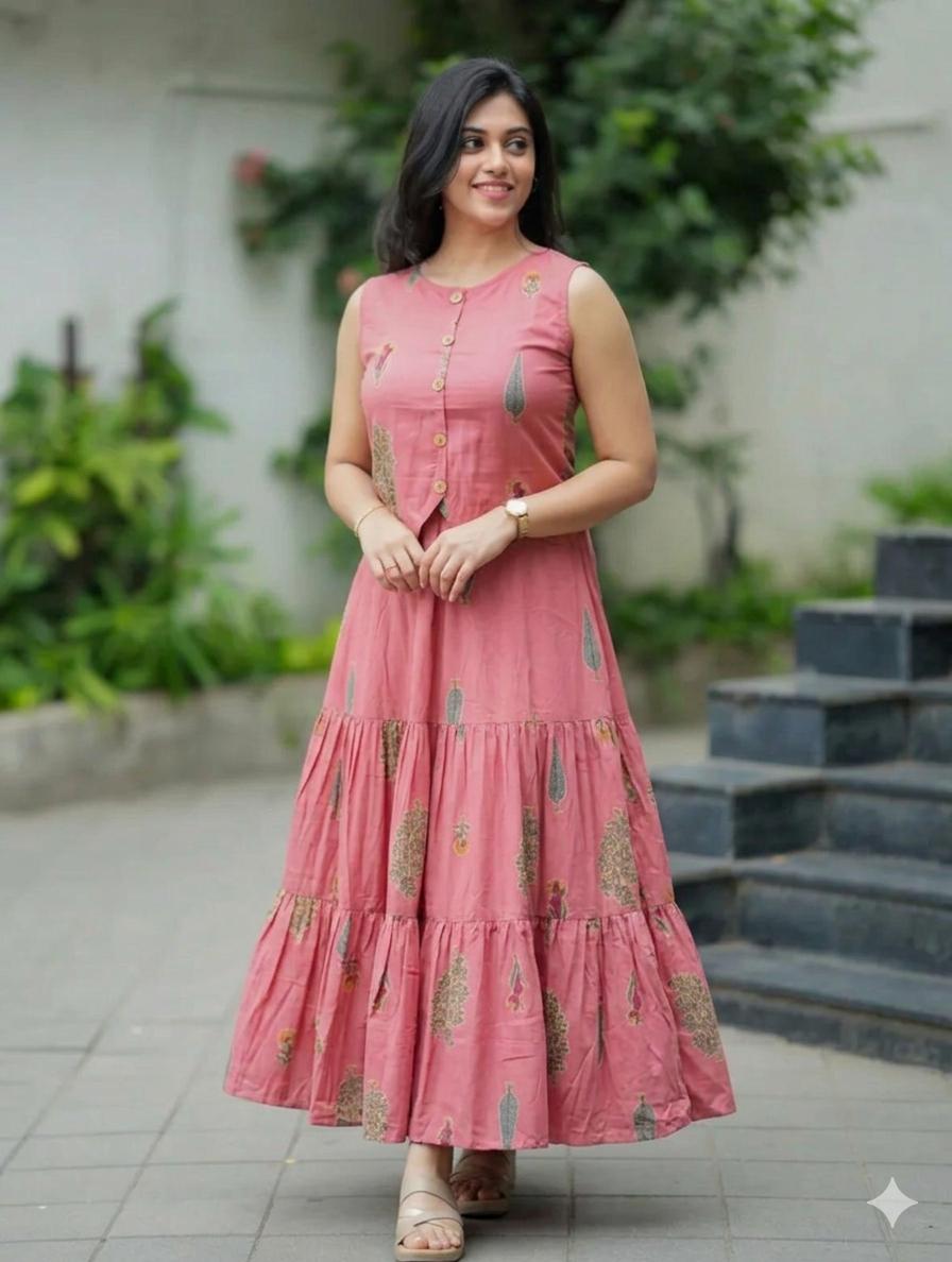 Women’s Rose Pink Tiered Cotton Maxi Dress | Elegant Summer Ethnic Wear
