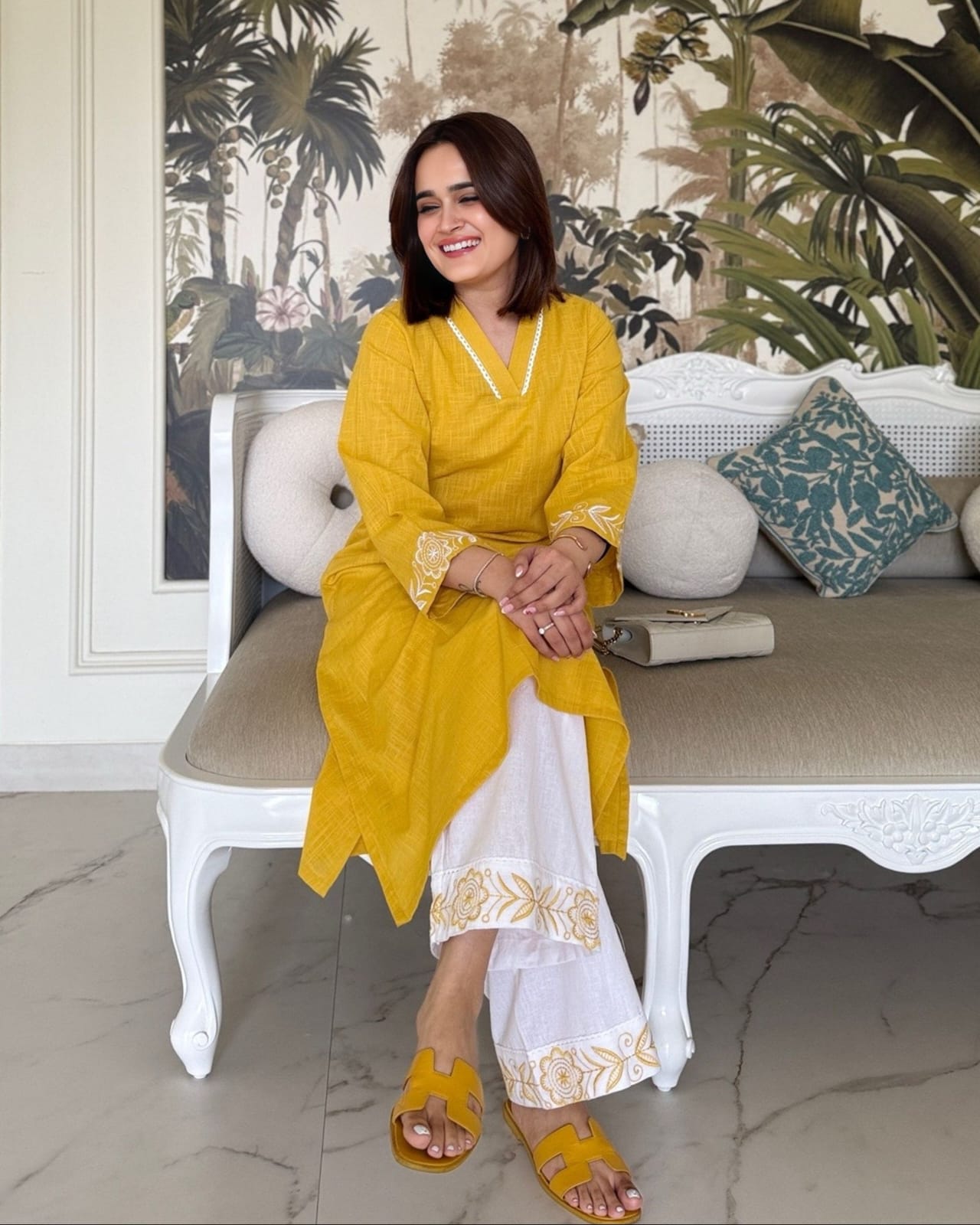 Mustard Yellow Textured Kurta with Embroidered Cuffs