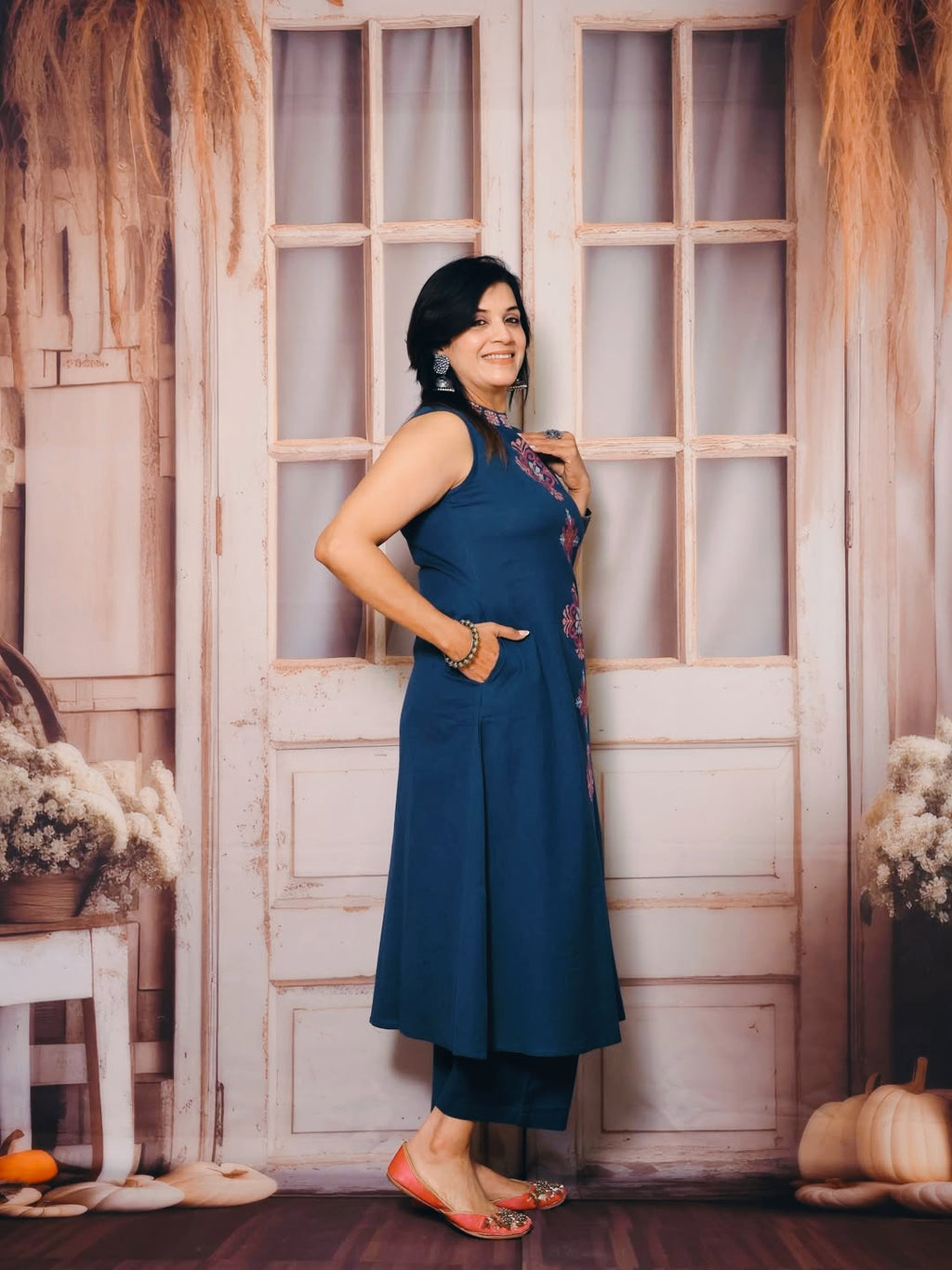 Elegant Blue Embroidered Cotton Slub Co-ord Set