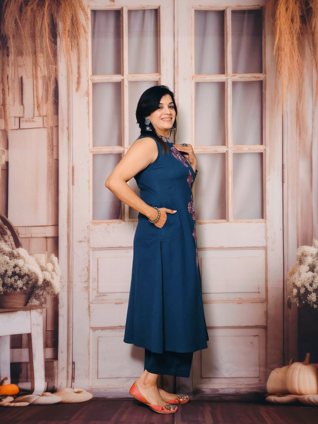 Elegant Blue Embroidered Cotton Slub Co-ord Set