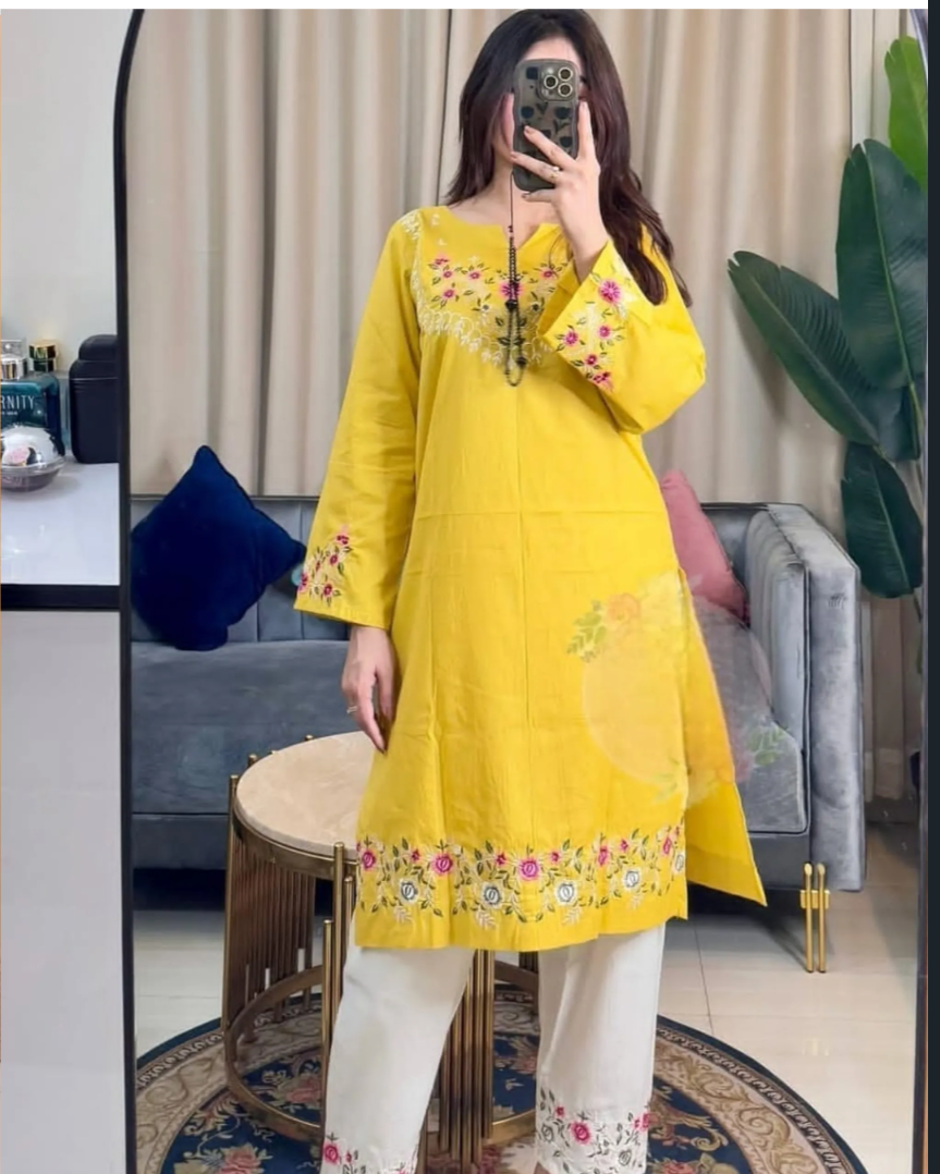 Women’s Sunshine Yellow Embroidered Cotton Kurta Pant Set | Elegant Ethnic Wear