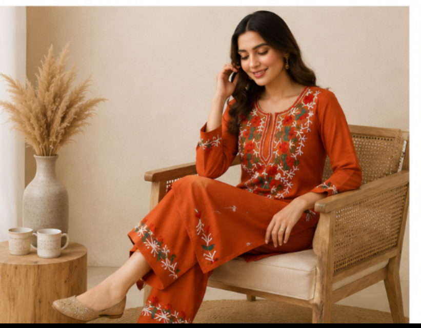 Women’s Rust Orange Embroidered Cotton Kurta Pant Set | Elegant Ethnic Wear