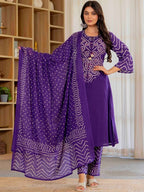 Elegant Purple Bandhani Print Kurta Pant Dupatta Set for Women | Festive Ethnic Wear Collection