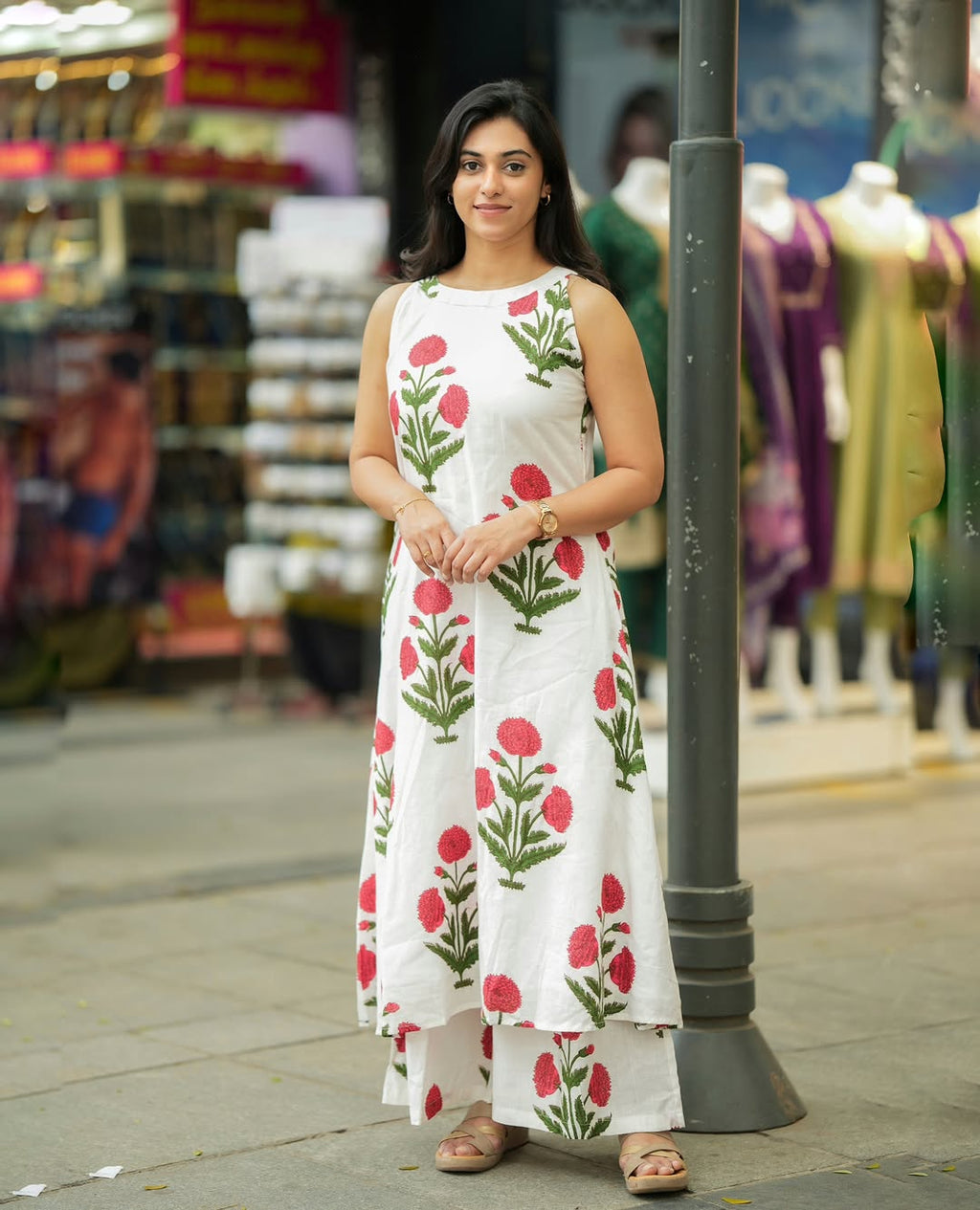 Premium Red Floral Cotton Flex Kurti Palazzo Set