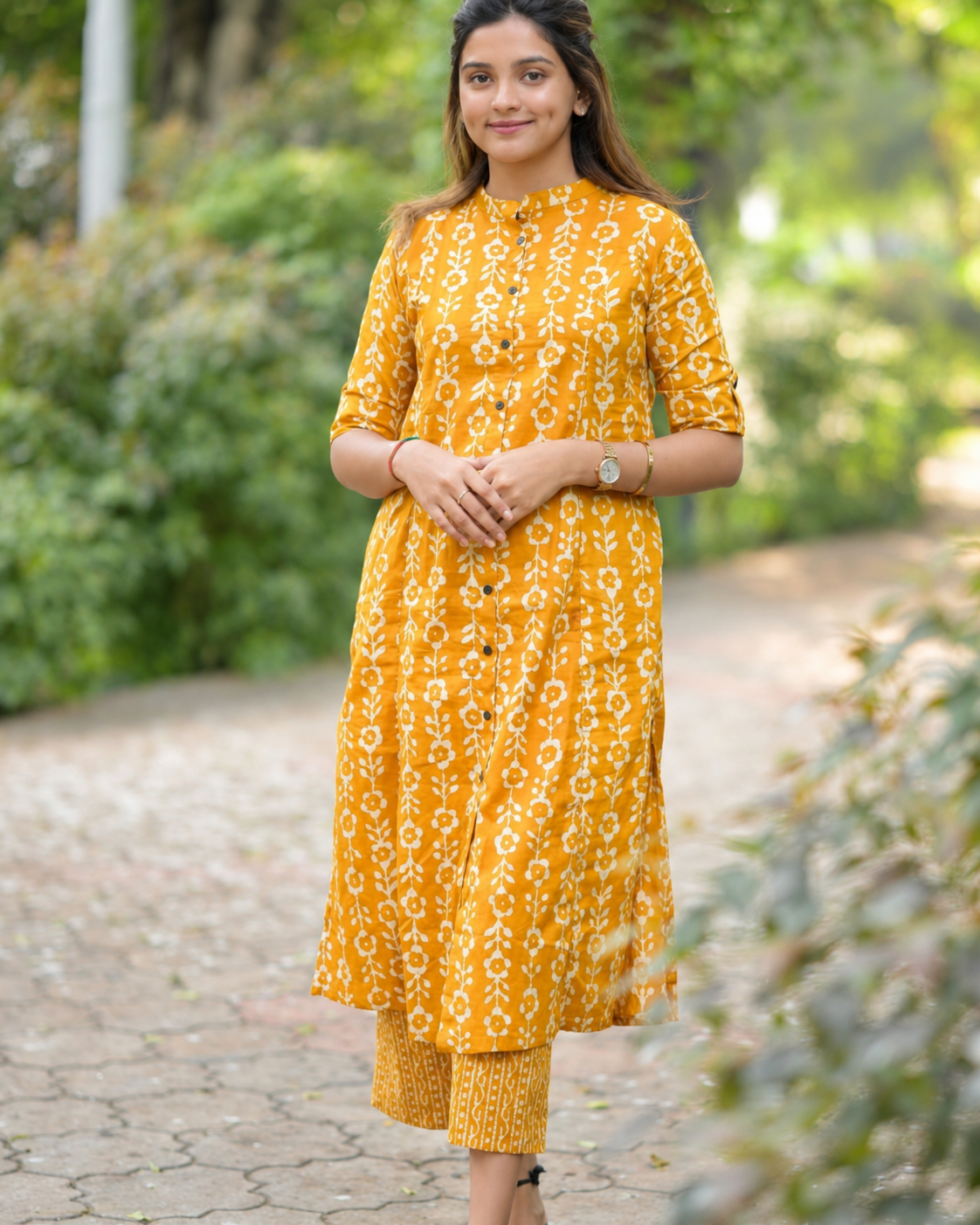 Women’s Mustard Printed Kurta Pant Co-Ord Set