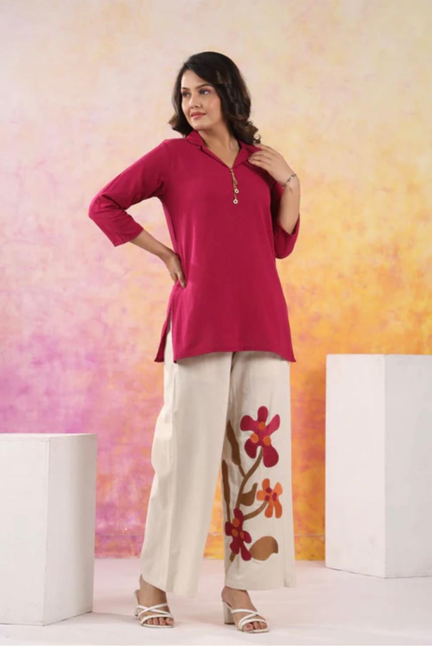 Solid Magenta Tunic with Applique Palazzos