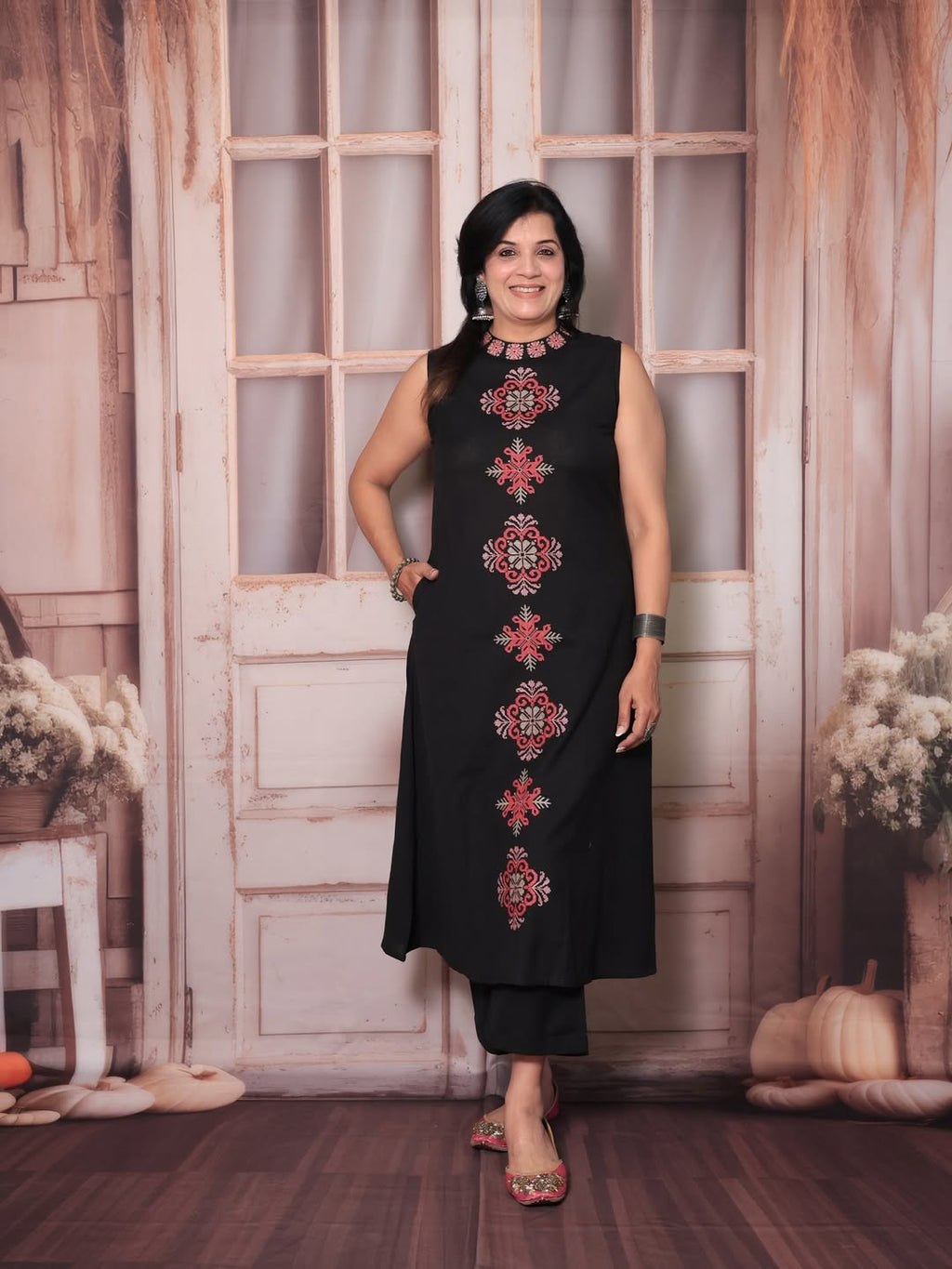 Elegant Black Embroidered Cotton Slub Co-ord Set