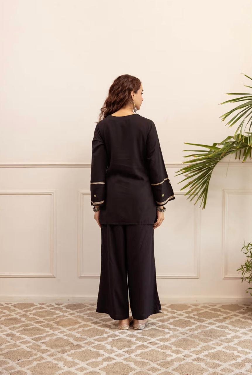 Black Scalloped Floral Embroidered Co-ord Set