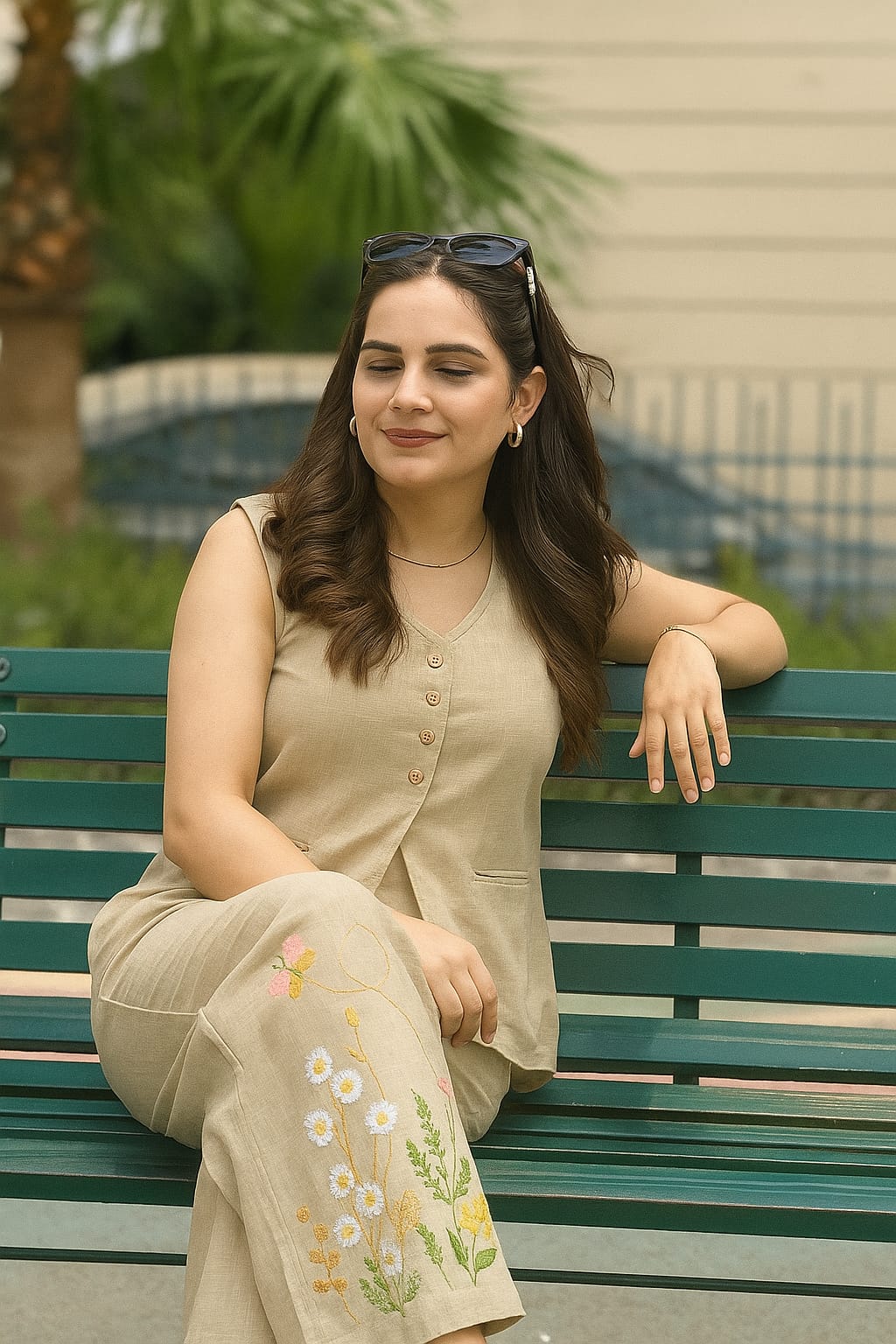 Elegant Floral Embroidered Co-Ord Set for Women | Sleeveless Top & Wide Leg Pants