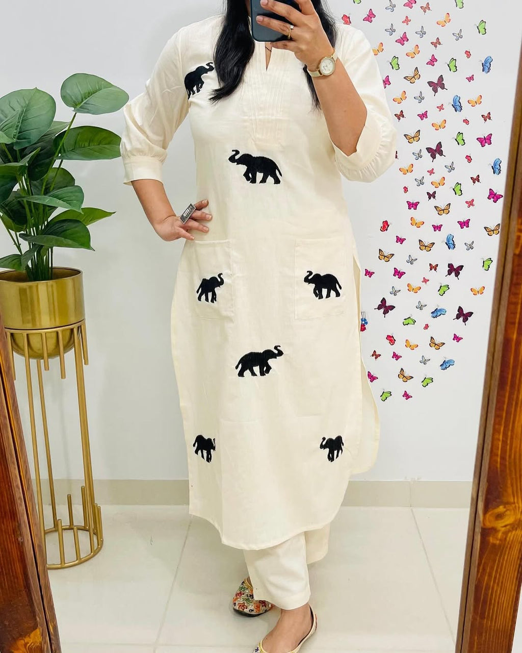 Premium Elephant Embroidered Cotton Flex Co-Ord Set for Women | Ethnic Kurta Pant Set
