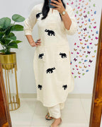 Premium Elephant Embroidered Cotton Flex Co-Ord Set for Women | Ethnic Kurta Pant Set