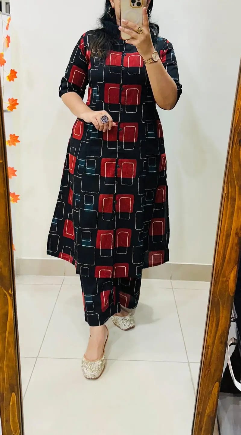 Premium Floral Fine Cotton Kurti Palazzo Co-ord Set ✨Black red