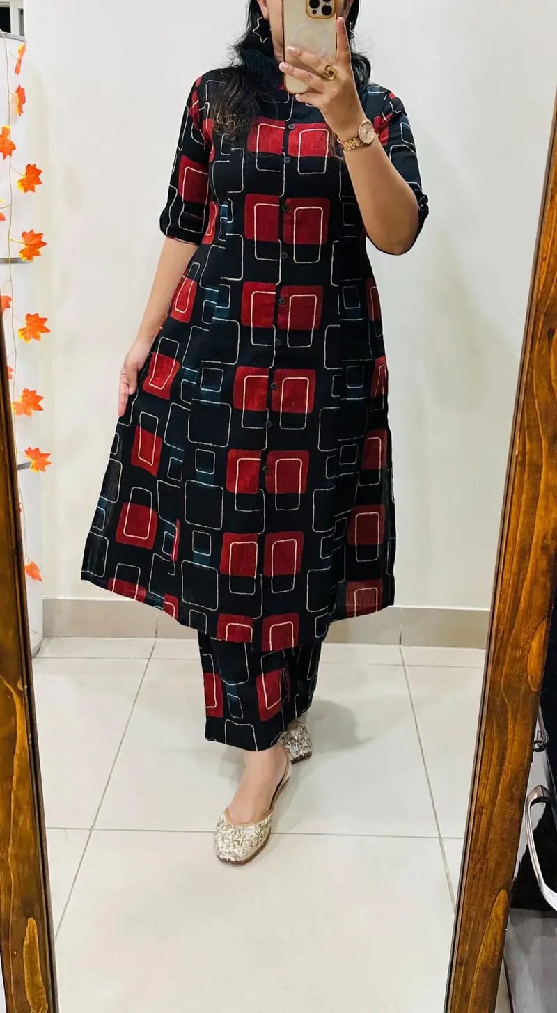 Premium Floral Fine Cotton Kurti Palazzo Co-ord Set ✨Black red