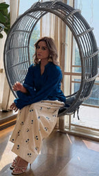 Elegant Navy Blue V-Neck Kurti with Embroidered Cotton Farshi Pant Set for Women