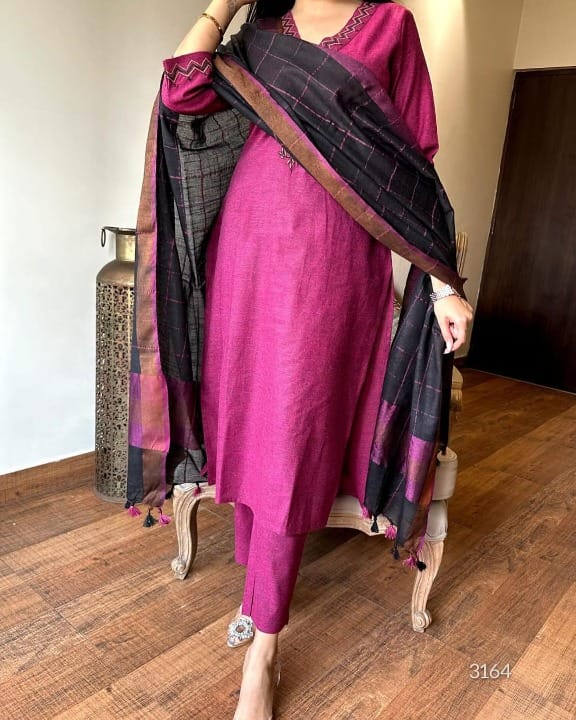 Premium Handloom Khadi Cotton Embroidered Suit Set with Dupatta