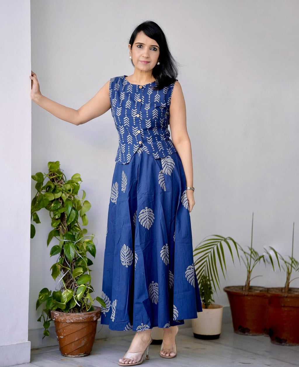 Women’s Indigo Leaf Print Cotton Maxi Dress | Casual Summer Ethnic Wear