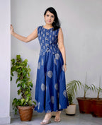 Women’s Indigo Leaf Print Cotton Maxi Dress | Casual Summer Ethnic Wear