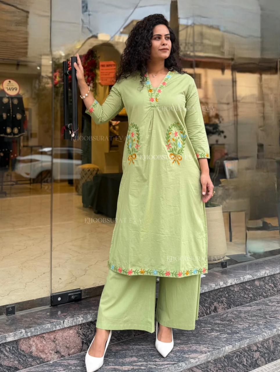 Premium Green 💚 Floral Embroidered Cotton Kurti for Women | Elegant Ethnic Daily Wear