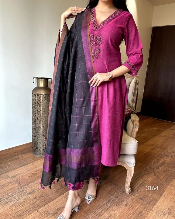 Premium Handloom Khadi Cotton Embroidered Suit Set with Dupatta