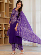 Elegant Purple Bandhani Print Kurta Pant Dupatta Set for Women | Festive Ethnic Wear Collection