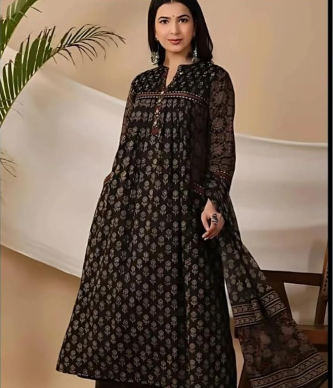 Elegant Black Pure Cotton Anarkali Suit Set