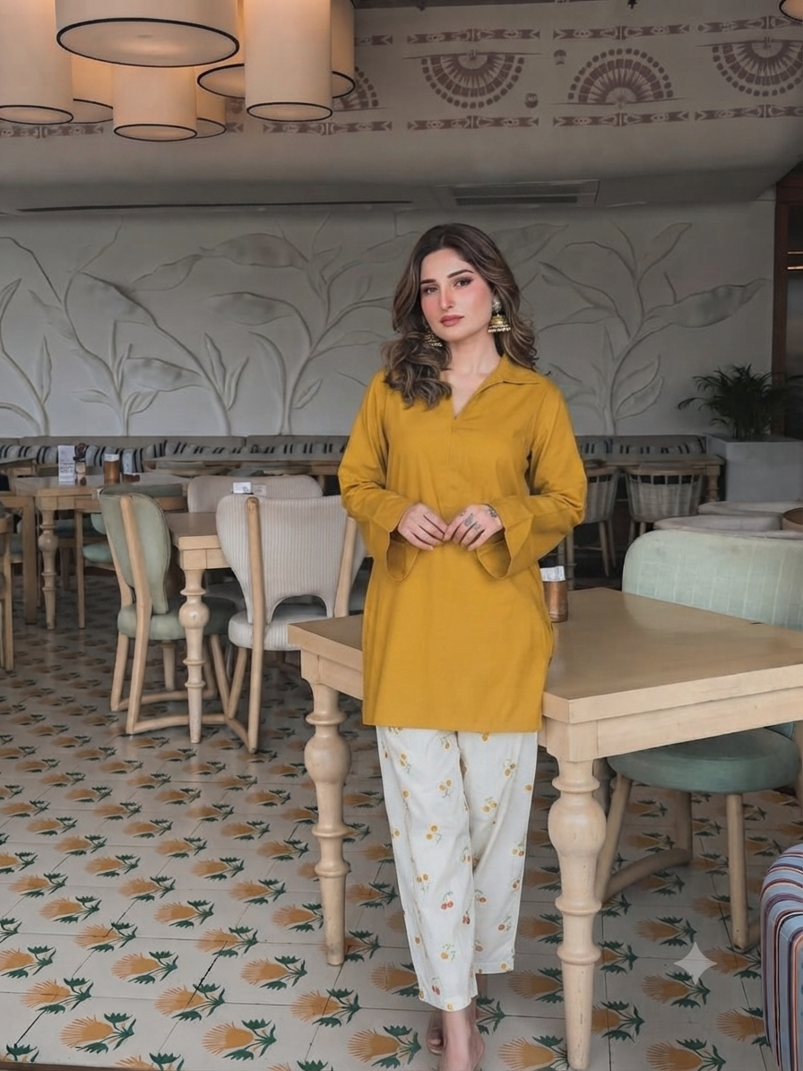 Elegant Yellow V-Neck Kurti with Embroidered Cotton Farshi Pant Set for Women