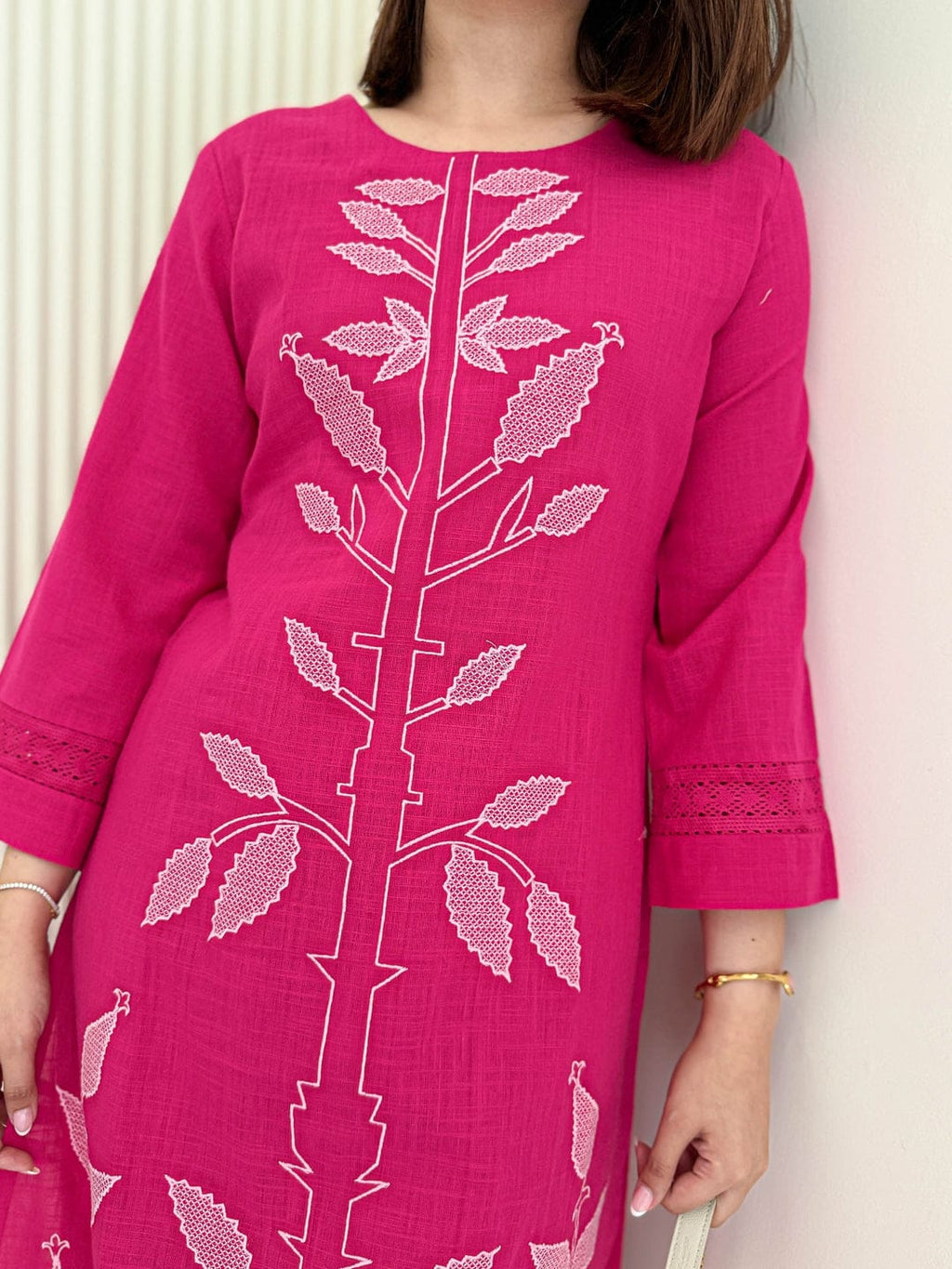 Stylish Hot Pink Embroidered Kurti Pant Set