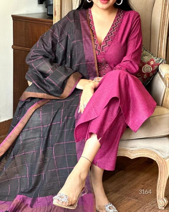 Premium Handloom Khadi Cotton Embroidered Suit Set with Dupatta
