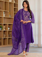 Elegant Purple Bandhani Print Kurta Pant Dupatta Set for Women | Festive Ethnic Wear Collection