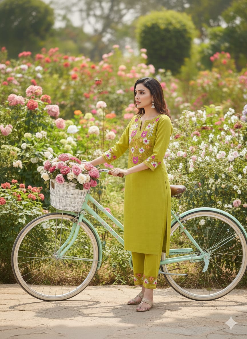 Elegant Green Floral Embroidered Kurti Pant Se